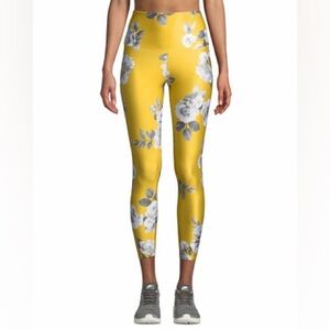 Onzie High-Rise Yellow & Gray Rose-Print Midi Leggings Sz S/M NWT Retail $59